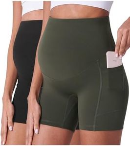 POSHDIVAH Maternity Shorts for Women Over Belly Biker Workout Yoga Active Summer Pregnancy Running Short Leggings 2PCS Black Dark Green 5" Small