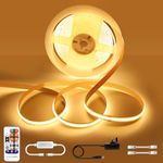 COB LED Strip Light Warm White 5M, Dimmable LED Strip Kit with Timer, LED Tape Lights 24V IP44 Waterproof, Flexible LED Lights with RF Remote and Power Supply for Bedroom TV Kitchen DIY Decoration