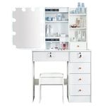 Koestem Small Vanity Desk with Lighted Mirror, White Dressing Table with 5 Drawers, 5 Storage Shelves, 108x40 cm Bedroom Table for Women