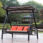 Invezo Outdoor Swing for Adult - Wicker Swing with Stand (3 Seater Garden Swing, Capacity : 400kgs) with Cup Holder and Cushions, Waterproof