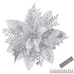 MEMOVAN 12pcs 5.5in Silver Poinsettia Artificial Flowers Christmas Flowers with Clips and Stems Glitter Christmas Tree Decorations for Xmas Wreath Christmas New Year Ornaments Holiday Seasonal Decor