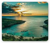 Ambesonne Hawaiian Mouse Pad, Sunrise Over Hanauma Bay Oahu Hawaii Sunbeams Through Clouds Shoreline, Standard Size Rectangle Non-Slip Rubber Mousepad, Turquoise Green Yellow