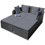 RELAX4LIFE Rattan Patio Outdoor Daybed, Wicker 2-Person Sunbed Loveseat with Soft Cushions, 4 Pillows, Curved Backrest & Armrest, Double Bed Lounger Sofa Set for Balcony Porch, Patio Bed (Grey)