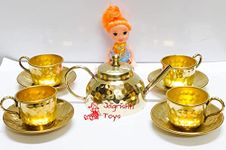 Jagrishti Toys Brass Miniature Tea Coffee Party Set for Kids Girls and Boys |Barbie Doll Tea Party Kitchen Set Real Cooking (4 Cup Saucer with Tea Kettle and Barbie Doll)