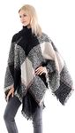 Belle Dame Women's Plaid Turtleneck Knit Poncho Batwing Tassels Shawl Cape Pullover Sweater Cloak High Collar (CP186-2)