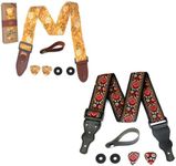 Art Tribute Red & Yellow Vintage Classic Guitar Strap Package Bundle W/FREE BONUS- 2 Picks + Strap Locks + Strap Button. Best Gift For Bass, Electric & Acoustic Guitars