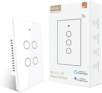 MOES 2.4GHz WiFi Wall Touch Smart Switch Neutral Wire Required, 3 Way Multi-Control, Glass Panel Light Switch Work with Smart Life/Tuya App, RF433 Remote Control, Alexa and Google Home White 4 Gang