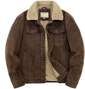 utcoco Men's Vintage Fleece Sherpa Lined Corduroy Denim Trucker Jackets Lapel Button Down Thickened Winter Coats, Dark Brown, Large