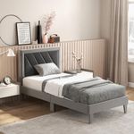Multigot 3FT/4FT6 Upholstered Bed Frame, Wooden Slat Support Bedstead with Headboard, Single/Double Bed Platform for Adults Kids, No Box Spring Needed (194 x 95 x 105cm)