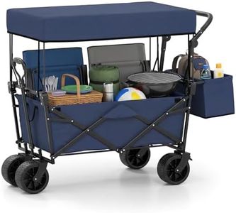 Goplus Collapsible Wagon w/Canopy, Folding Garden Cart w/Adjustable Handles, Detachable Storage Bag & Big Wheels, Heavy Duty Outdoor Utility Cart for Camping, Beach & Shopping (Blue)