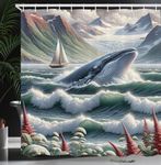 Ambesonne Nautical Shower Curtain, Whale in The Ocean Through Mountain Ridges with a Boat Surreal Scene, Cloth Fabric Bathroom Decor Set with Hooks, 69" W x 70" L, Sea Green Blue and Ruby