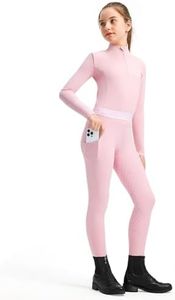FitsT4 Sports Girls Equestrian Outfits, 2 Piece Kids Horse Riding Set, Girls Equestrian Shirt & Knee-Patch Silicone Breeches with Pockets Pink XS