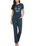 EISHOPEER Women's Pajama Set Printed Short Sleeve Top & Long Pants Sleepwear Pjs Sets, Peacock Blue, Small