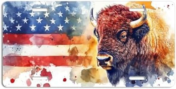 NGZ Bison License Plate, Funny Pet American Flag Painting Aluminum License Plate Suitable for Car, RVs, Bars, Fences, garages, etc. 12x6 Inch