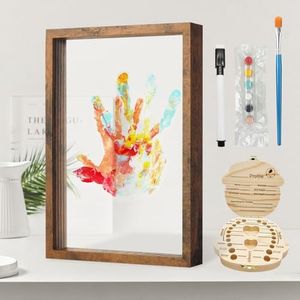 ADAJOEL Family Handprint Kit, Baby Hand and Footprint Kit, with Tooth Fairy Tooth Holder, Fathers Day Gift, Eco-Friendly Paint, Transparent Boards 4 PCS (Brown)