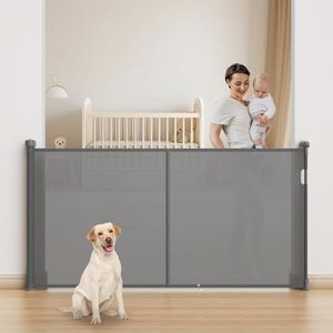 Barrière Sécurité pour Enfant Chien, 1.5M 3M 5M Barriere de Securite Retractable, avec Renforcement en Fibre de Verre, Large Barriere de Securite pour Escaliers Intérieurs et Extérieurs (Gris, 1.5M)