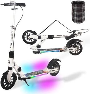 CUIOT Kick Scooter for Kid Ages 6+,Teens & Adults w/Light Up Deck, Adjustable Handlebar, Foldable Big Wheels Scooter, Commuter Adult Scooters with Hand Brake & Shock Absorption, Max Load 300 LBS,Whit