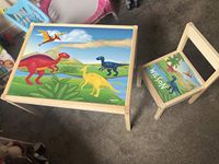 MakeThisMine Personalised Children's Table and 1 Chair Ikea LATT Wooden Name Engraved Dinosaur DIno1 T-rex Egg Printed Play Desk Set Kids Girls Friends Boys Family