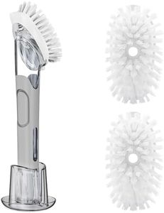 Soap Dispensing Replacement Dish Brush Storage Set with 2 PCS Brush Refills & Holder - RIMAY Dispenser Scrub Cleaning Scrubber Kitchen Dishwashing Dish Wand Handle for Dishes/Pans/Pots/Sink(Grey)