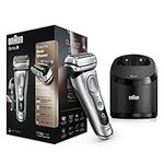 Braun Series 9 Electric Shaver With Clean & Charge Station & Leather Case, Flawless Shave, 100% Waterproof, 2 Pin Bathroom Plug, 9390cc, Silver Razor