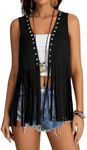 Verdusa Women's Fringe Rivets Sleeveless Vest Cardigan Casual Tassel Outerwear Black Large