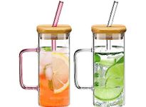 KiKiluxxa Random Clour Squre Glass Sipper Tumbler Tea Coffee Can with Acrylic/Wooden Lid and Straw - 400ml - Pack of 2 - Fruit Milk Juice Cup Glass Straw