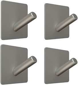 SAYONEYES Brushed Nickel Self Adhesive Towel Hooks for Bathroom Wall Mounted - SUS304 Stainless Steel Waterproof Stick on Wall Hooks with Strong Strips – 3M Hooks for Hanging Coats – 4 Pack