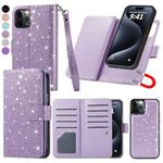 Varikke Compatible with iPhone 15 Pro Wallet Case, Detachable Magnetic Wallet Case with Card Holder, Kickstand, Glitter PU Leather Wrist Strap Phone Cover, 6.1 Inch, Light Purple