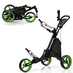 COSTWAY 3 Wheel Golf Push Pull Cart, Lightweight Foldable Golf Trolley with Adjustable Height Handle, Umbrella Stand, Insulation Storage Bag, Cup Holder and Foot Brake (Green)