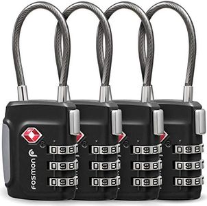 Fosmon TSA Accepted Cable Luggage Locks, (4 Pack) Re-settable Easy to Read 3 Digit Combination with Alloy Body and Release Button for Travel Bag, Suit Case & Luggage - Black