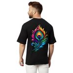 prabhu bhakti Oversized Fit Peacock Feather Printed Black Cotton T-Shirts For Men | Latest Collection | Round Neck Drop Shoulder Half Sleeve White Casual T-Shirt For Men & Women (X-Large)