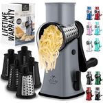 Zulay Rotary Cheese Grater 5 Blade Cheese Shredder - Manual Hand Crank Cheese Grater with Reinforced Suction & 5 Interchangeable Drums - Easy to Use Vegetable Chopper - Gray and Black