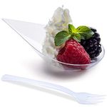 DLux 100 4-in Tear Drop Mini Appetizer Plates with Forks, re-usable Clear Plastic Spoons - Desserts and Appetizers Dishes Serving Plate - Asian Spoon Set, Small Catering Dessert Tasting Cups