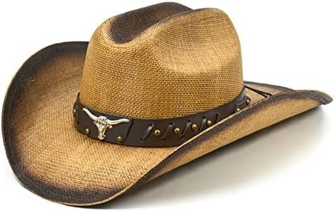 FLUFFY SENSE. Cowboy Hat for Women and Men - Straw Cattleman Crease Western Hats with Upgrade 4 inches Shapeable Wide Brim (Light Brown)