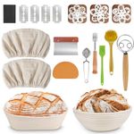 Fohil Banneton Bread Proofing Basket Set of 2, 9.8 Inch Round & 9.8 Inch Oval Bread Proofing Basket, Sourdough Starter Kit With Sourdough Proofing Basket, Liner, Dough Whisk & Scrapers, Bread Lame