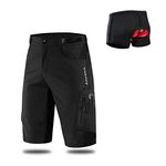WOSAWE Men's Baggy Cycling Shorts Quick Dry Mountain Bike Bottoms with Waterproof Zipper Pockets, Black Set M