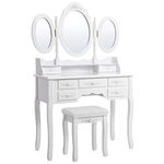 Songmics Wall-Fixed Luxurious 3 mirrors Dressing Table Set with stool, 7 drawers with 2 Dividers Make-up Dresser RDT91W