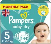 Pampers Baby Nappies Size 5 (11-16 kg/24-35 Lb), Baby-Dry, 144 Nappies, Monthly Savings Pack, Up to 12h of All-Around Leakage Protection