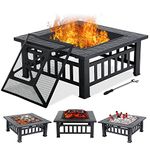 32" Fire Pit Table for Outside,Outdoor Fire Pit Square Wood Burning with Spark Screen Fire Poker for Camping,Backyard,Patio(Black)