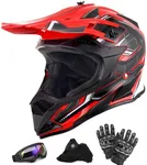OUMURS Adult Dirt Bike Helmet ATV Helmet with Goggles Gloves & Mask Adjustable Sun Visor DOT/FMVSS-218 Motorcycle Adult ATV Helmet Off-Road Motocross Downhill Moped MX for Unisex-Adult-Red Black, L