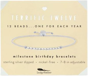 Lucky Feather Milestone 12th Birthday Gifts - Sterling Silver Dipped Beads Bracelet on Adjustable 7”- 8” Cord - 12 Year Old Gifts