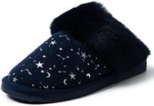 Land Vogue Scuff Slippers for Women with Ultra-long Faux Rabbit Fur Fleece Lining for Cozy Indoor Outdoor Anti Slip Sole (Navy,US 7-8)