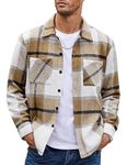 COOFANDY Men's Flannel Shirts Casual Button Down Plaid Shirt Jacket Long Sleeve Fleece Shacket with Pockets, Light Khaki, Medium