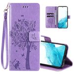 Phone Case for Samsung Galaxy S23 Case,Wallet Case,PU Leather Tree Cat Flowers Embossed Wrist Strap Card Slots Pocket Kickstand Flip Cover for Samsung Galaxy S23 Light Purple