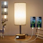 Bedside Table Lamps - 3 Way Dimmable Touch Small Lamp USB C Charging Ports and AC Outlet, Polished Metal Base Fabric Shade Lamps for Bedroom, Office Desk, LED Bulb Included Fabric