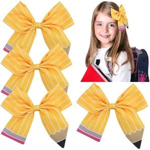 Back to School Pencil Hair Bows Clips,The Hand Painted Yellow Pencil Schoolgirl Pigtail Bows Clips Present for Toddler Kids Kindergarten 1st 2nd 3rd 4th 5th Grade