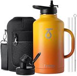 Trebo Half Gallon Water Bottle Insulated with Handle, 64 oz Double Wall Stainless Steel Metal Large Jug, Travel Flask with Straw Spout Lid, Mug Tumbler Cup with Carry Pouch, Keep Cold Hot, Orange