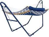 Sunnydaze Curved Spreader Bar Quilted Hammock with Blue Universal Steel Stand - 450-Pound Capacity - Gray and Blue Octagon