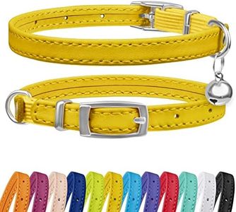 CollarDirect Leather Cat Collar with Bell - Kitten Collar, Small and Big Cat Collar for Boy Cats, Girl Cats with Safety Elastic Strap (Neck Fit 6"-7", Yellow)