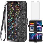 Asuwish Phone Case for Tracfone BLU View 3 B140DL Wallet Cover with Screen Protector and Wrist Strap Flip Credit Card Holder Bling Glitter Stand Cell Accessories Blue View3 140DL Women Girls Black